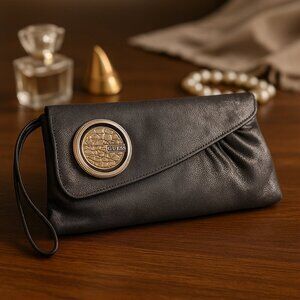 Guess Black Faux Suede Clutch Silver Croc Embossed Fold Over Evening Bag Purse